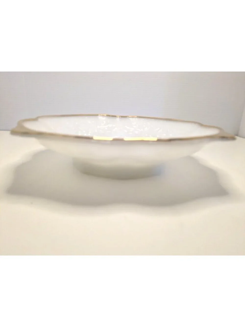 Vtg. Anchor Hocking White Milk Glass Fruit Bowl Embossed Grape Leaf Gold-Trimmed